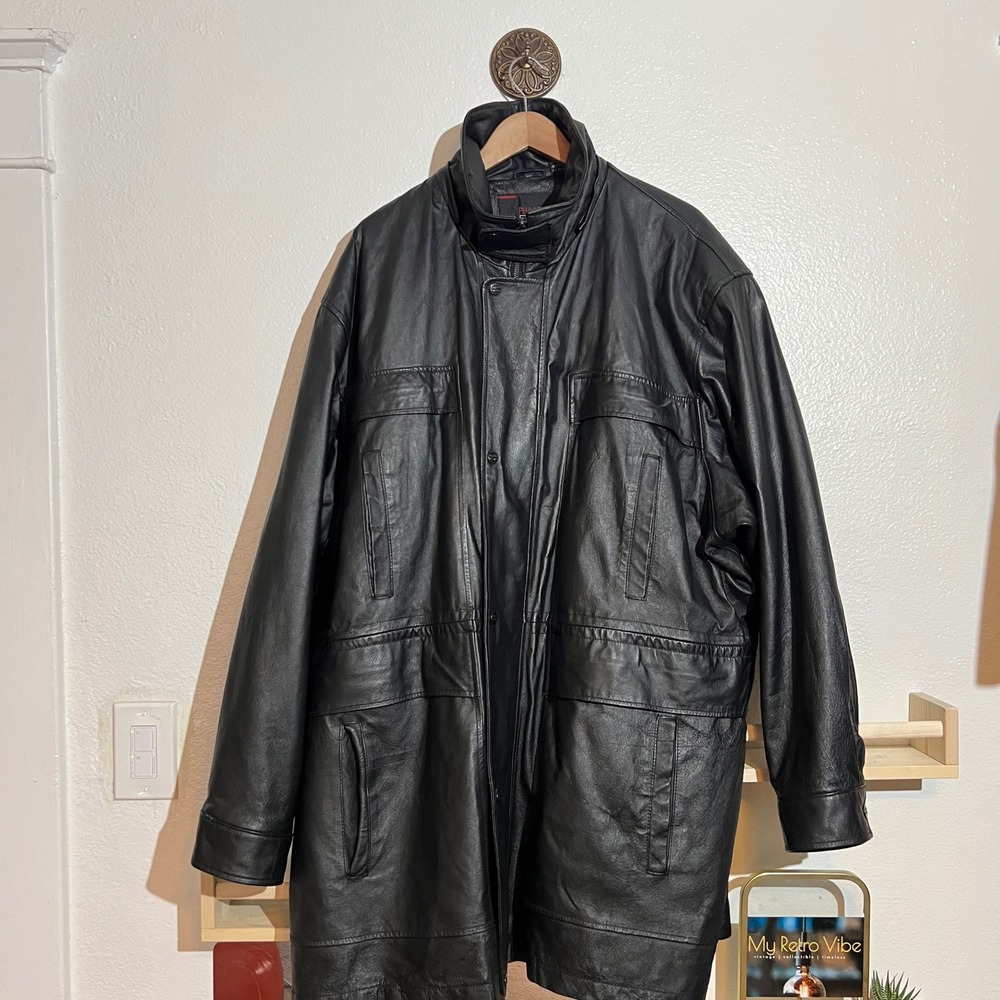Vintage Phase Two Mens‎ 3XL Black Leather Full Length Jacket Winter Coat